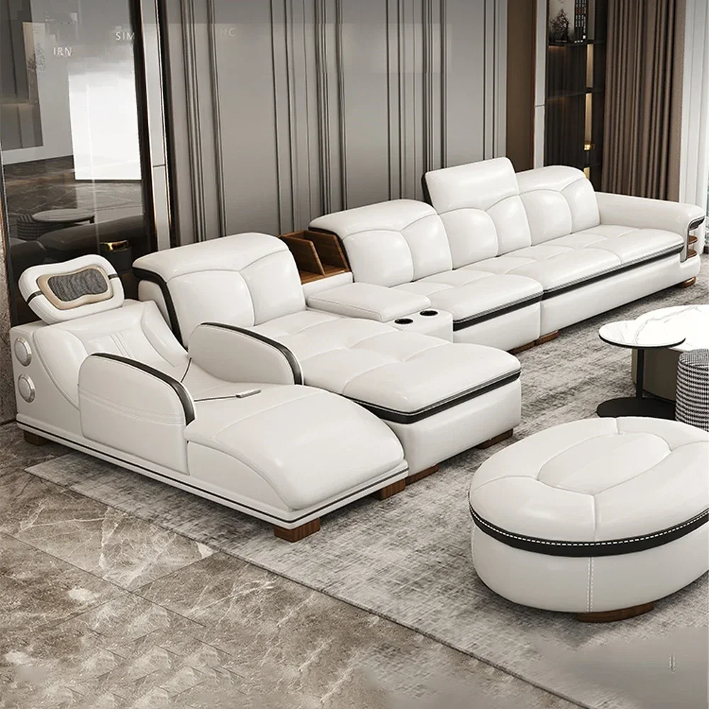 L-Shaped Genuine Leather Sectional Sofa with Bluetooth Speaker - Linlamlim Living Room Italian Leather Couch with Massage