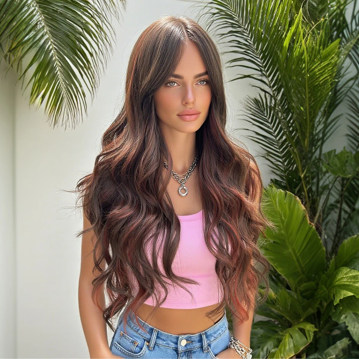 76,2 cm lange gewellte lockige Perücke mit braunem rotem Farbverlauf und Schmetterlingshaar und Pony, synthetische Damenperücke für Halloween-Party