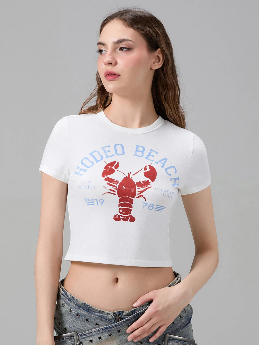 T-shirt à manches courtes et col rond pour femme, haut court, coupe couvertes, mignon, nickel é, imprimé, lettre corrigée, grunge, été, 2024