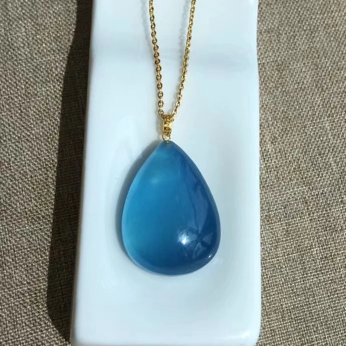 Natural Blue Aquamarine Quartz Pendant Brazil 27*20*11.2mm Jewelry 18K Gold Deep Blue Aquamarine Oval Necklace AAAAA