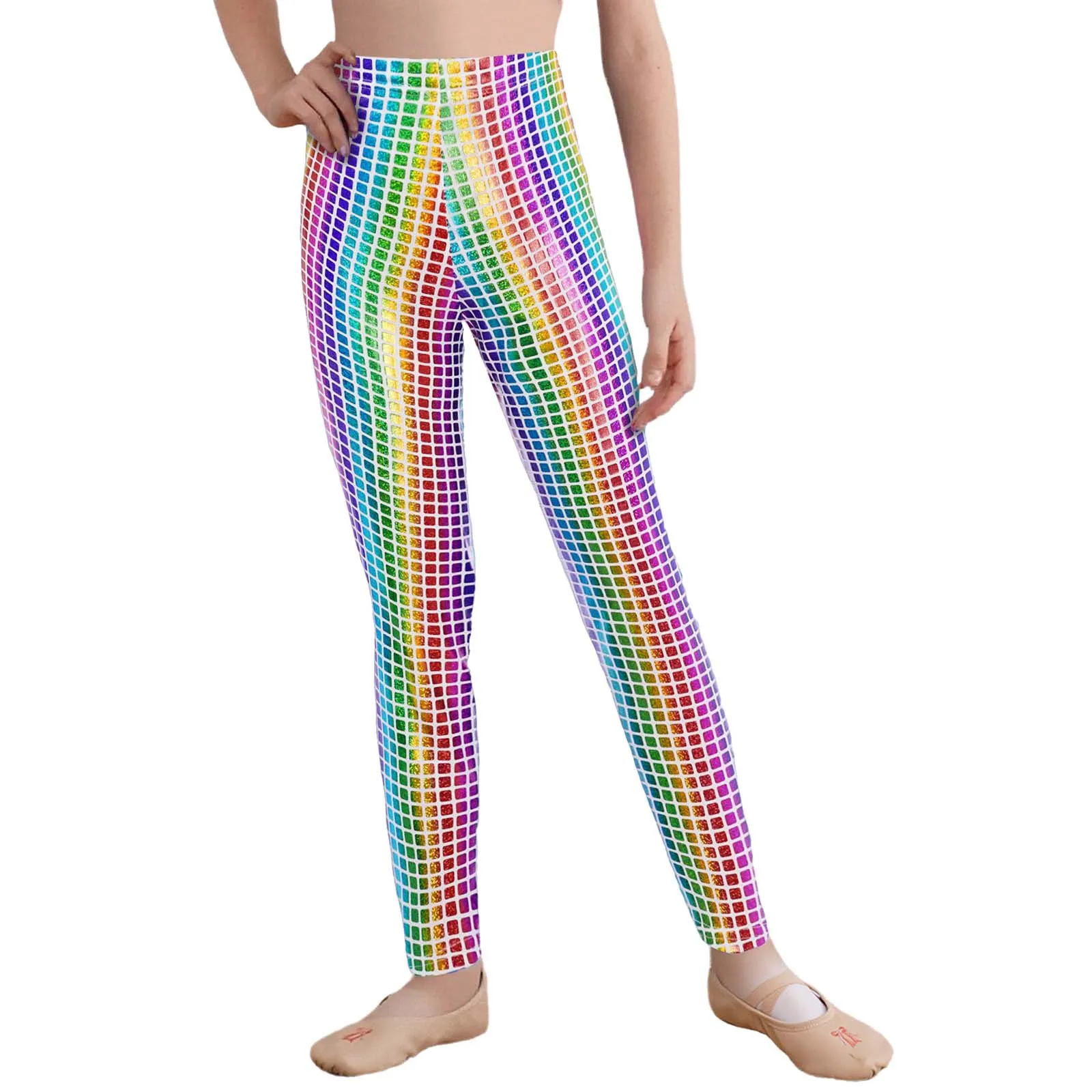 #100-180 Kids Girls Fashion Dance Leggings School Show Stage Performance Costume Metallic Plaid Pants Elastic Waistband Leggings