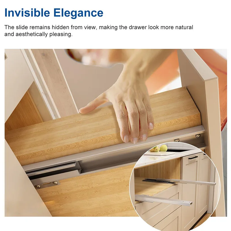 Push To Open 1 Pair Undermount Drawer Slide Bottom Support 3-fold Full Extension Non-detachable Load Capacity 40kg