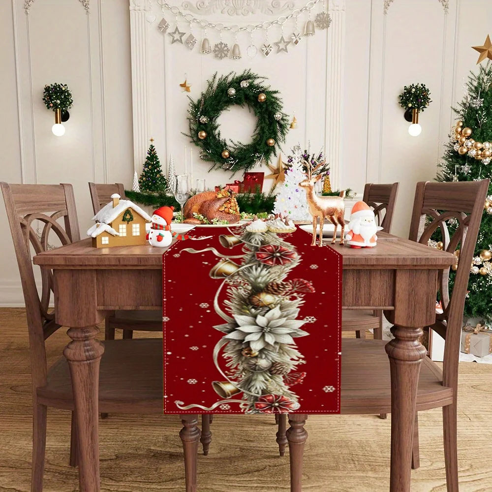 Camino de mesa navideño con patrón de campanas y copos de nieve de Poinsettia, varios tamaños, para decoración navideña del hogar y regalos