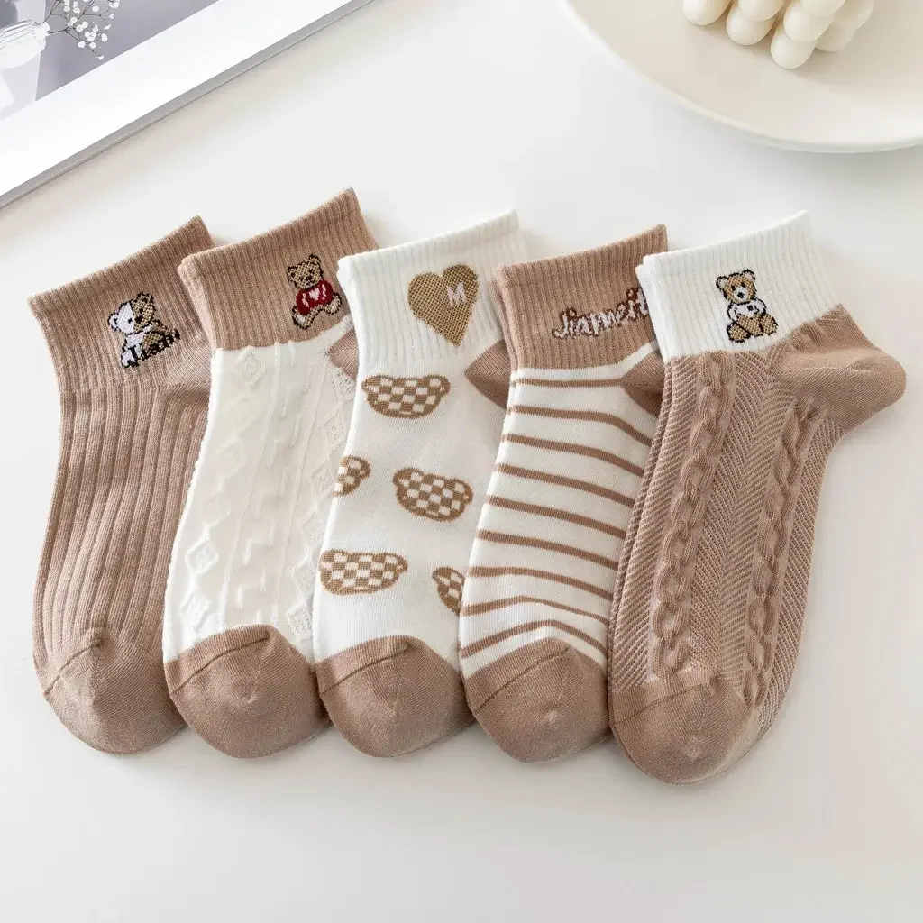 

5 Pairs Socks Sets Women Elegant Retro Polyester Cotton Low Tube Women Socks Breathable Japanese Style Casual Cotton Short Sock