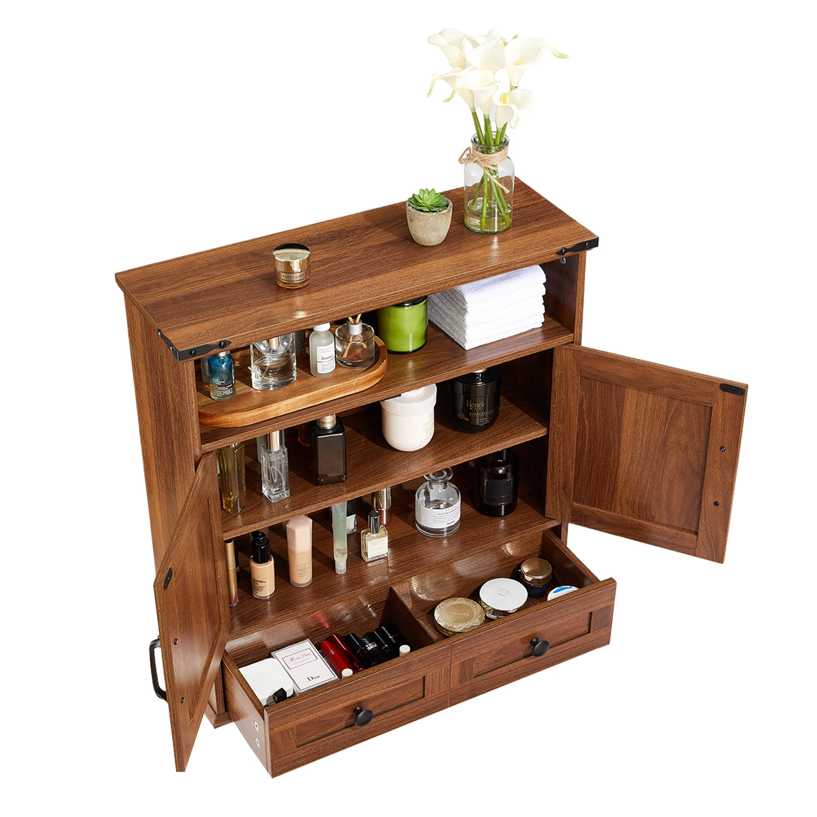 Wall Mounted Bathroom Cabinet, Farmhouse Wood Grain Storage Cabinet with Double Doors Drawer Adjustable Shelf for Home Kitchen