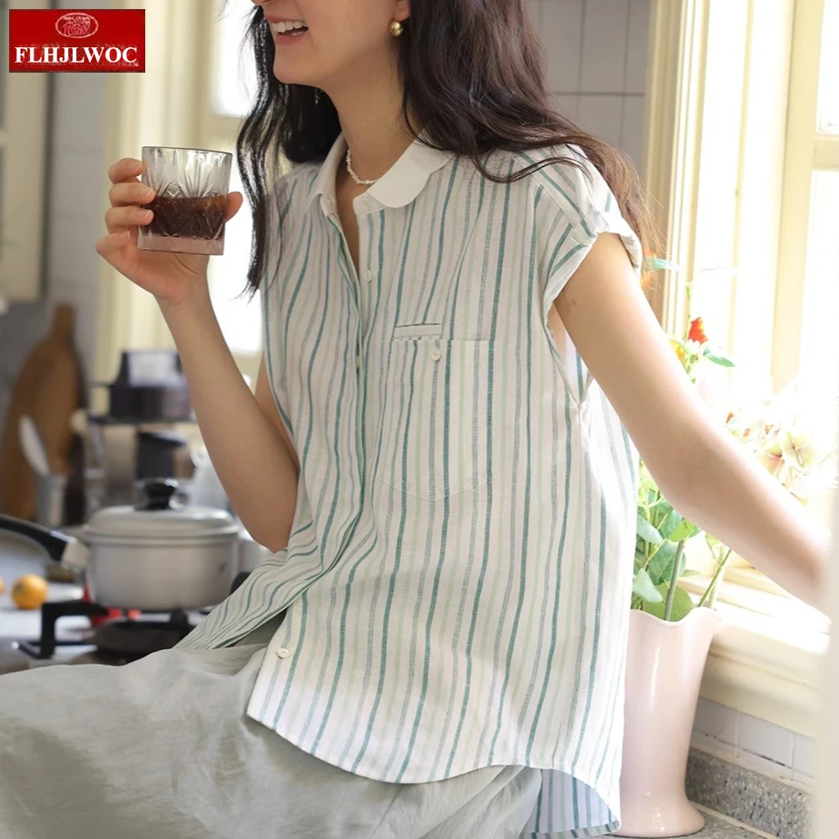 Mince aéré coton lin ample décontracté hauts Blouses nouvelle mode femmes été vert rayé chemises Y2K rétro Vntage mignon Blouse