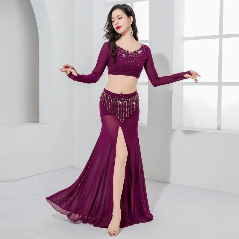 Elegant Belly Dance Practice Clothes for Women Round Neck Long Sleeved Top+Sexy Tassel Long Skirt Oriental Dancing Training Suit