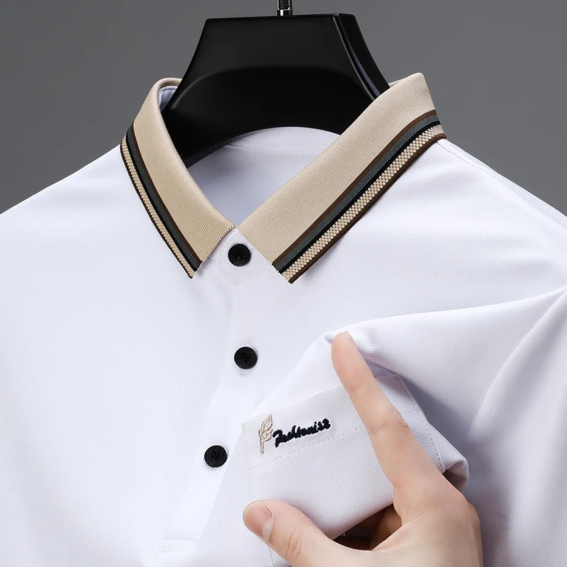 Light luxury brand ice silk breathable men\'s short sleeve high-end polo shirt summer fashion embroidered casual pocket T-shirt