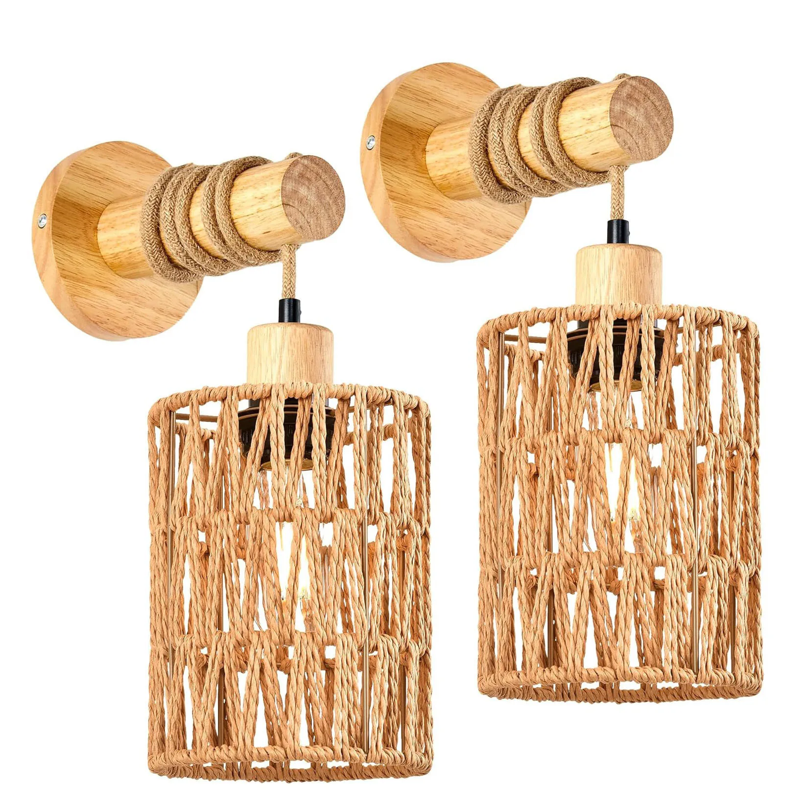 Easy Install Rattan Wall Sconces Wall Lights with Dimmable Boho Wall Mount Light Fixtures Wicker Wall Lamp for Bedroom Nursery