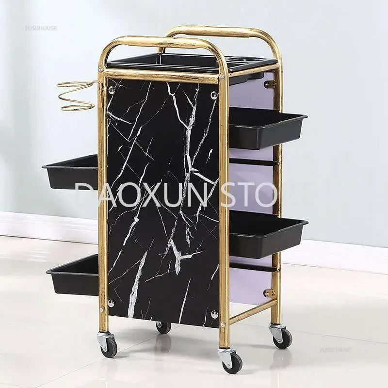 Retro Barber Shop Iron Salon Trolleys Nordic Beauty Salon Drawers Cart With Wheels Creative Hair Salon Perm And Dye Tool Cart