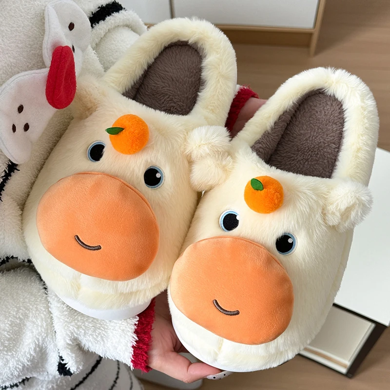 House Warm Slipper men Animal Cow cattle Winter Fuzzy Furry Plush Grip Indoor Female Fluffy Funny Cute Cartoon Home Shoes Women