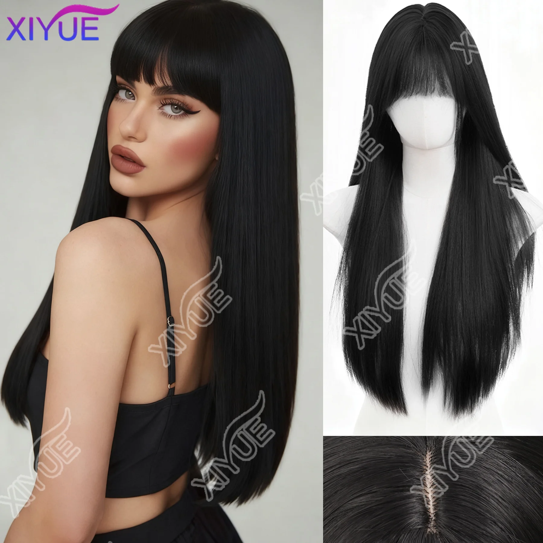 

XY 24 Inch Long Straight Black Synthetic Wig with Bangs Heat Resistant Fluffy Wig for Women, Great for Daily and Halloween Party