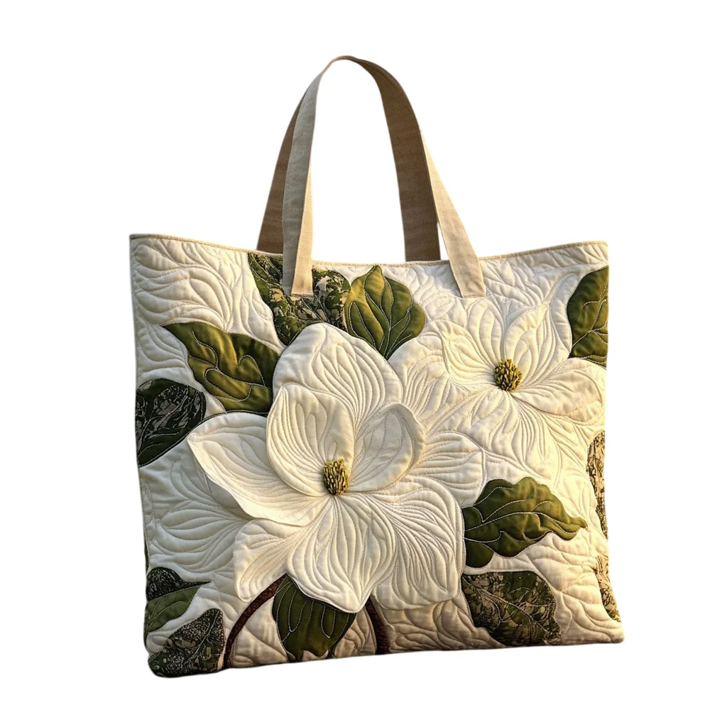 

Elegant Flower Quilted Tote Bag White Green Floral Patchwork Handbag Soft Lightweight Shoulder Bag for Daily Outing