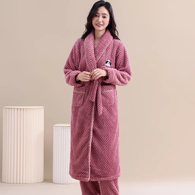 Winter Jacquard Flannel Sleepwear With Belt Robe+Pants 2PC Warm Women Pajamas Coral Fleece Robes Set Full Sleeve Female Homewear - Image 6