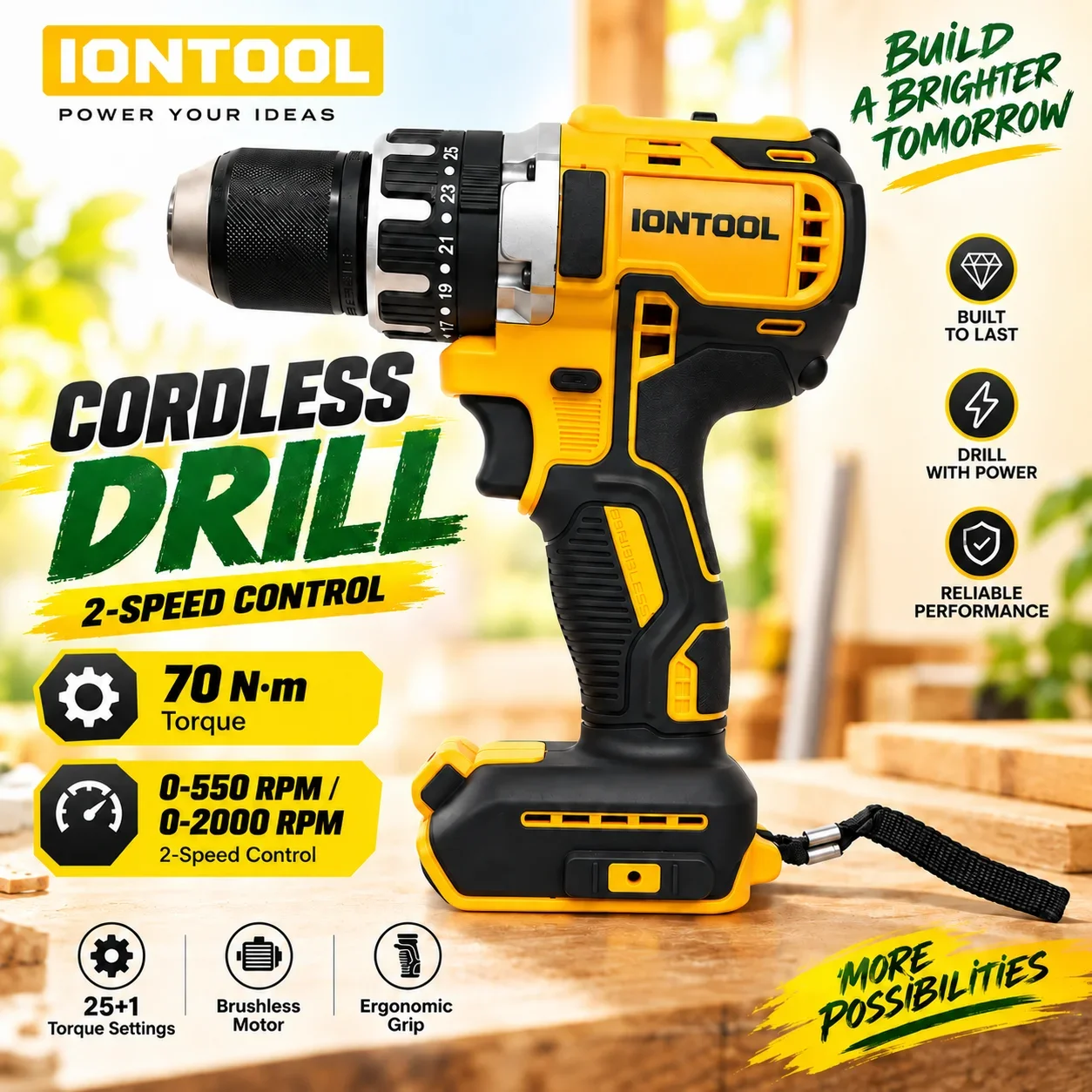 IONTOOL Yellow Compact 2-Speed Cordless Drill 70N.m 13mm for Home DIY Furniture Assembly and Woodworking Projects Power Tool