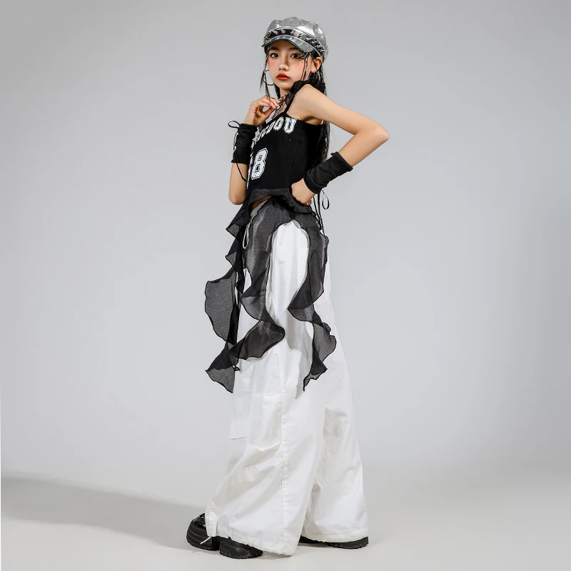 Vêtements de danse Jazz Hip Hop pour filles, Costume Kpop, hauts noirs, pantalons blancs d'été, tenues de pratique amples, Streetwear L16356