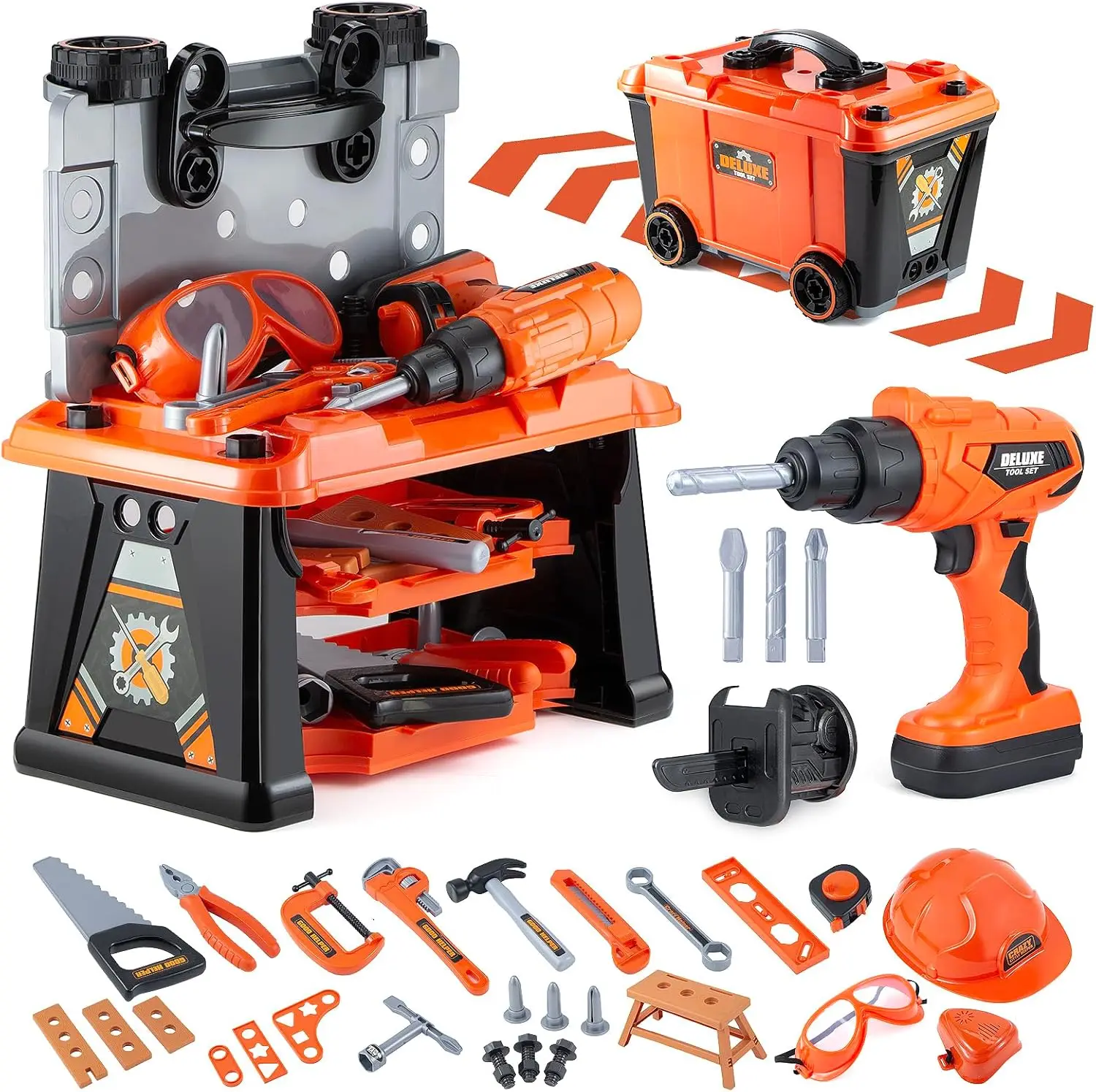 

79pcs Transformable Tool Bench Set with Electric Drill, Construction Playset for Boys Girls Age 3+, Orange & Black