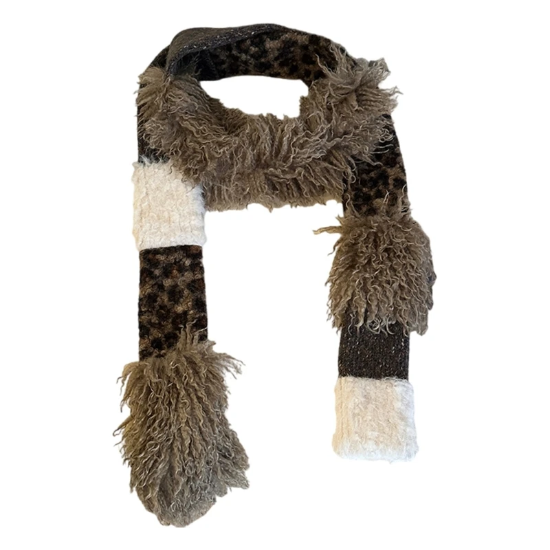 Knit Furry Neckerchief Skinny Scarf Necktie Leopard Print Headdress Neckerchief