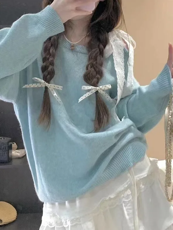 

Синий кружевной свитер с бантом, женский свободный крой, длинный свек, круглый топ с очками, осень-зима, модный Sle