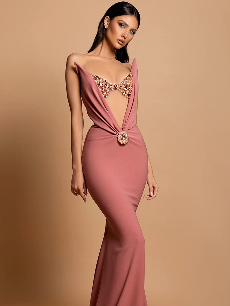 VC Velvet Hollow Out Diamond Crystal Applique Pleat Rhinestone Trumpet V-neck Long Mermaid Cocktail Party Evening Dress