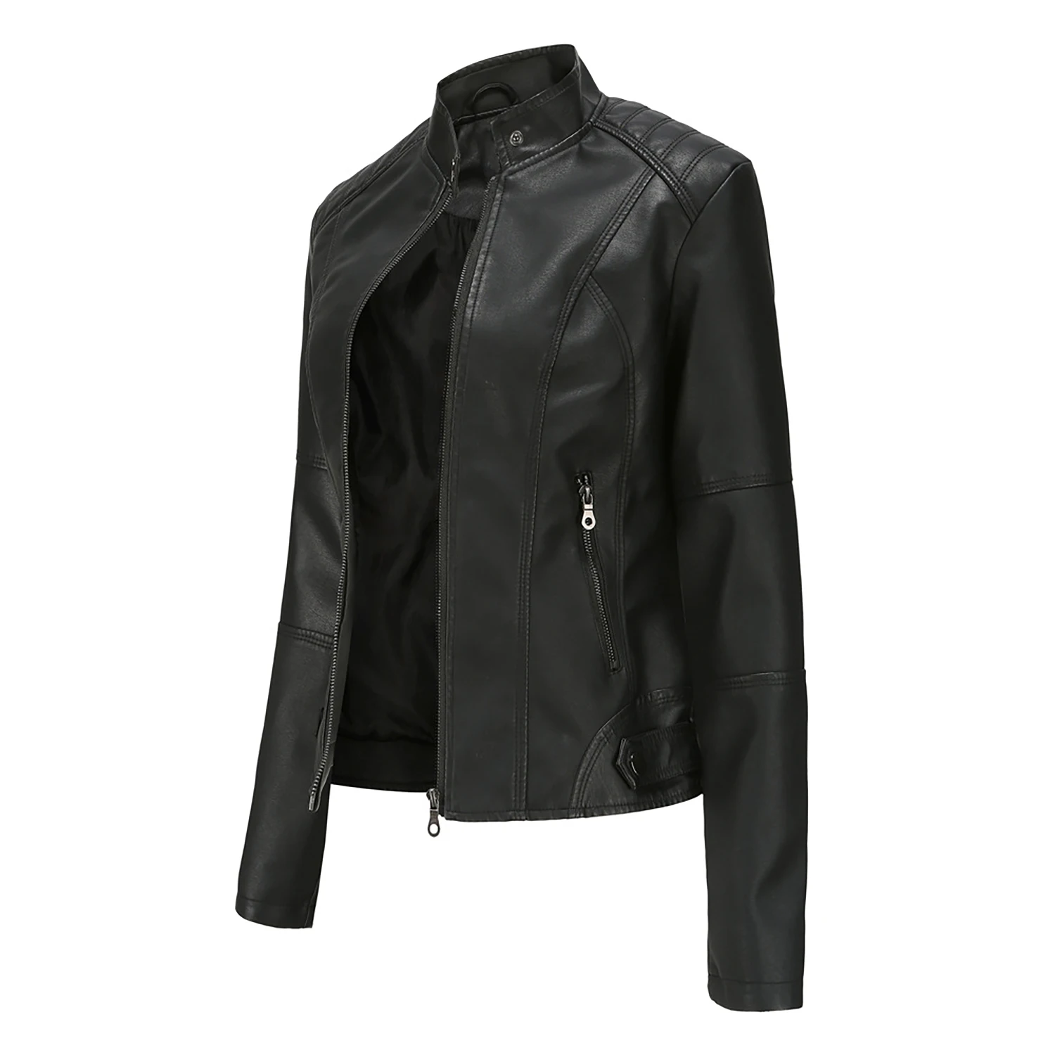 Women's Faux Leather Motorcycle Jacket Stand Up Collar Slim Fit Zipper Pocket Plus Size Spring Autumn Biker Outerwear Coat
