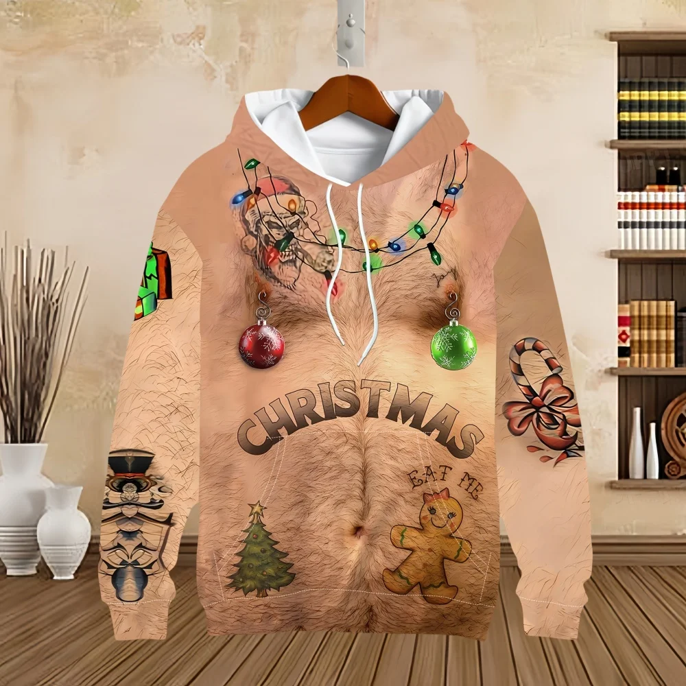 Christmas Hoodie Novelty Funny Light up Topless Ugly Christmas Sweatshirt Men and Women 3D Printing Pullover Hoodies Sweatshirt