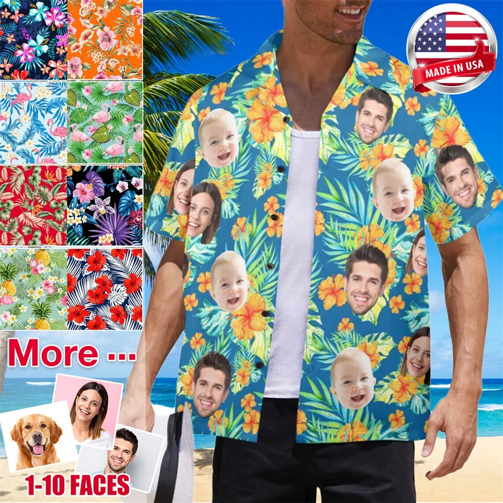 Custom Face Hawaiian Shirt Personalized Tropical Hibiscus Button Aloha Shirts For Men  Funny Customized Dog Beach Vacation Shirt