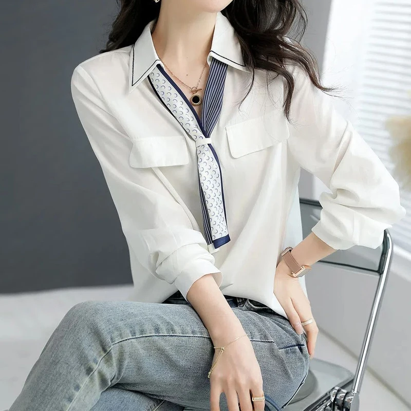 Spring New Office Lady Simplicity V Neck Blouse Long Sleeve Polo Neck Solid Color Loose Shirt Tops Elegant Fashion Women Clothes