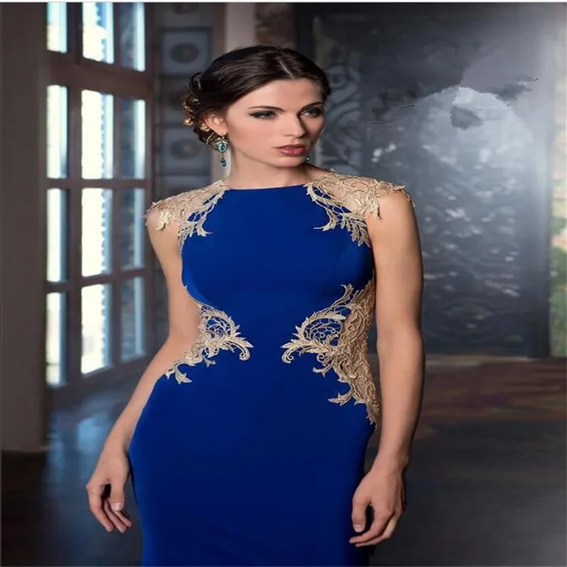 Short Mother of the Groom Dresses Royal Blue Elegant Sleeveless Female Polyester Evening Dress With Gold Lace Latest 2023