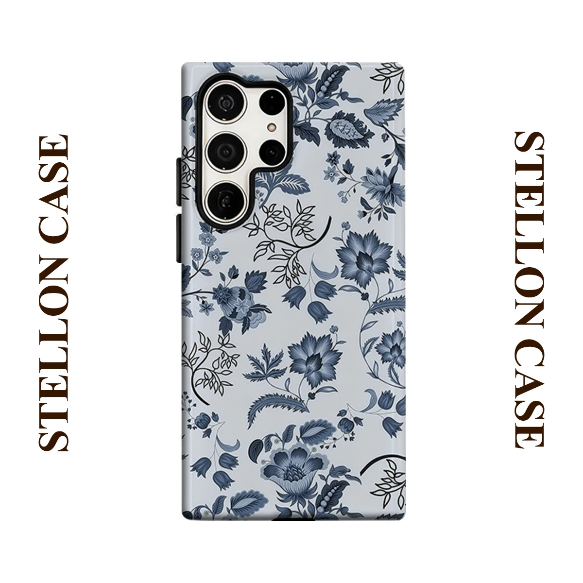 Blue Chintz Floral Glossy Double Layer Shockproof Phone Case For Samsung Galaxy S25 Ultra S24 Plus S23  Ultra Hard Back Cover