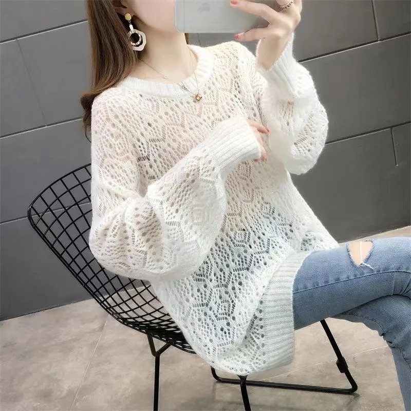 

Women's Hollow out Knitted Sweater Thin Loose Spring Faion 2023 New Mouton Wool Base irt Outerwear Cover up Top