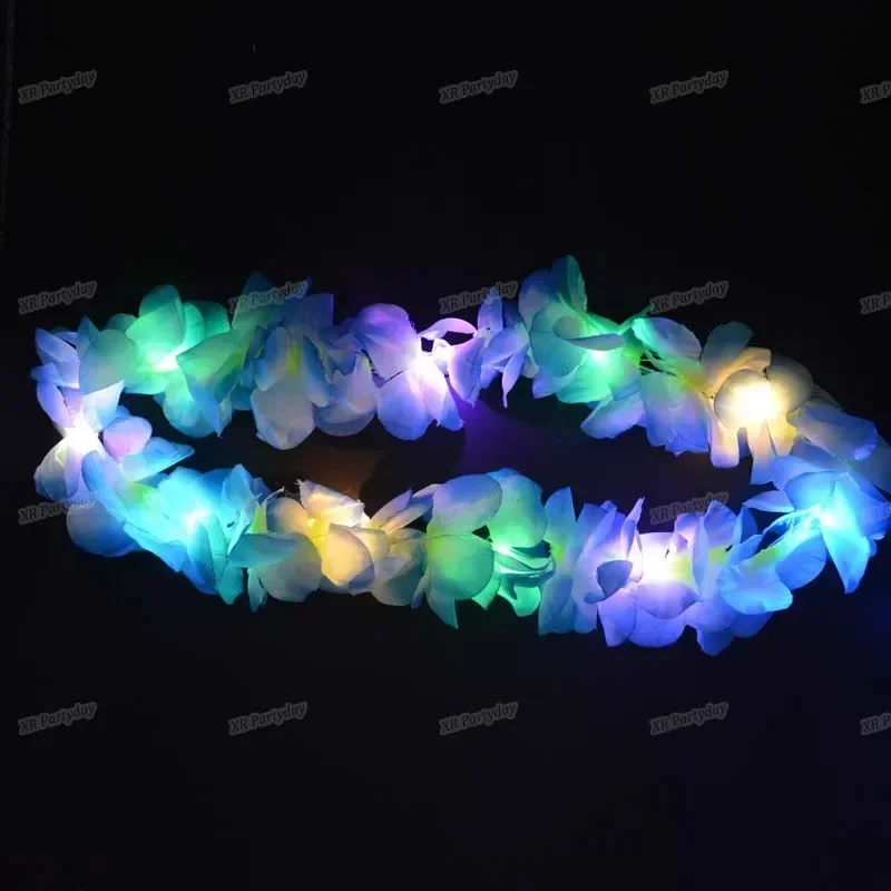 Women Girl Hawaii Light Up Flower Lei Necklace Hula Garland Wreath Wedding Hawaiian Costume Tropical Luau Glow Party Supplies