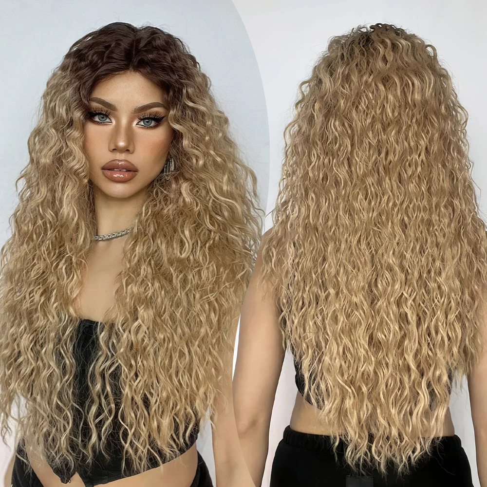 Afro Kinky Curly Lace Frontal Synthetic Wigs with Baby Hair Preplucked Blonde Wig Dark Root Deep T Part Lace Wig for Black Women