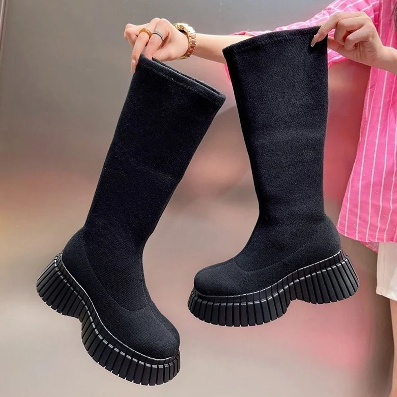 Women High Fly-knitted Elastic Boots 2024 Autumn New Slip on Chunky Platform Ankle Boots Woman Fashion Pink Thick Bottom Botas