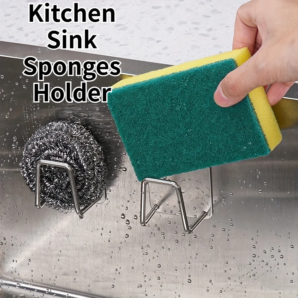 Stainless Steel Sponge Holder Kitchen Sink Drain Drying Rack Self Adhesive Wall Storage Hooks Multi-functional Storage Organizer
