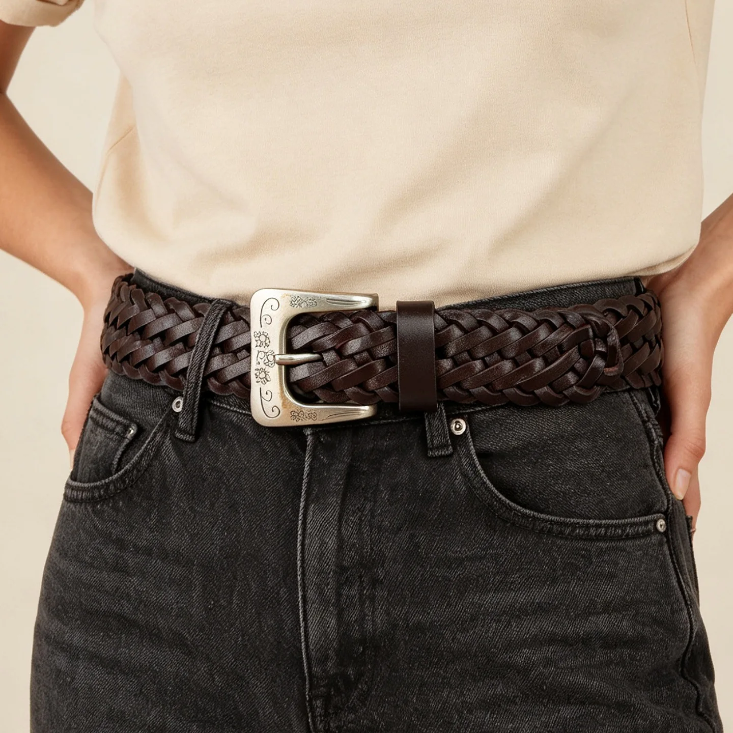 Retro Hand Woven Men's Genuine Leather Belt,Pure Cowhide Weaving Fashionable Personality Trendy Versatile Pants Women's Belt