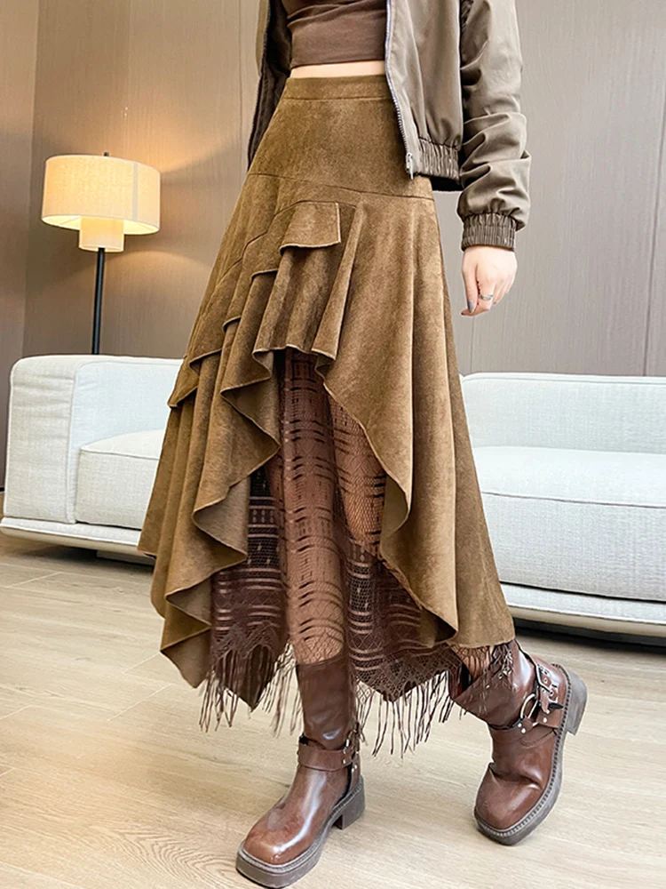 

Ретро-юбка А-силуэта из замши с асимметричным подолом, женская, с высокой талией, средней длины, с бахромой, осенне-зимняя новинка