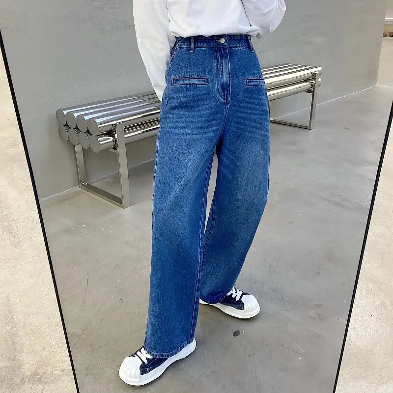 

Новые мужские джинсы с широкими штанинами на весну-лето, прямые, с эффектом потертости, в стиле ретро, модные, с высокой талией, из полиэстера