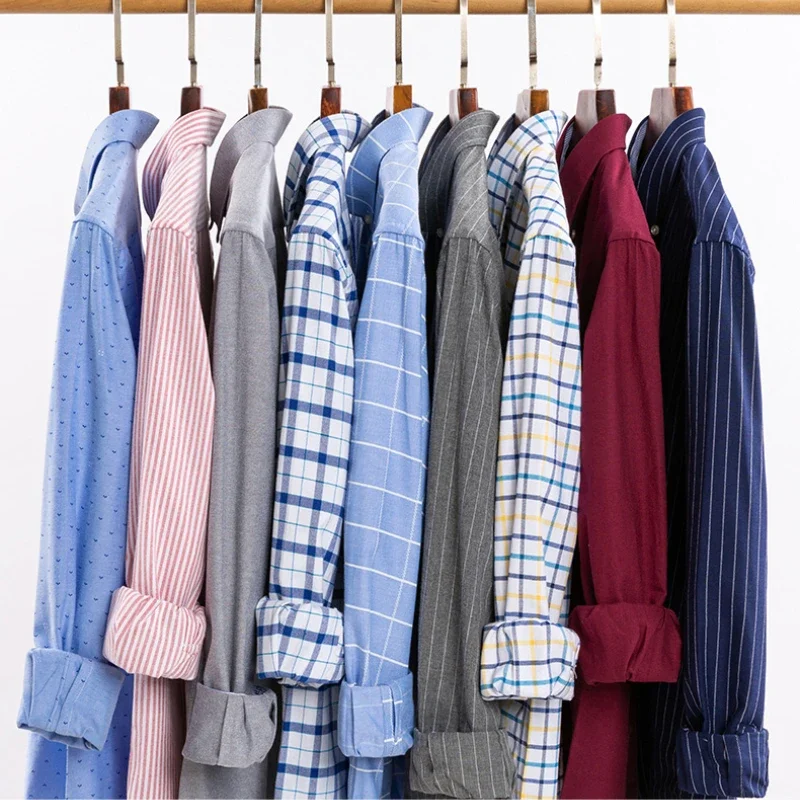 2024 Oxford Men Fashion 100% Cotton Thin Long Sleeve Casual Slim Solid Color Plaid Print Stripe Formal Dress Shirt Plus 7XL 6XL