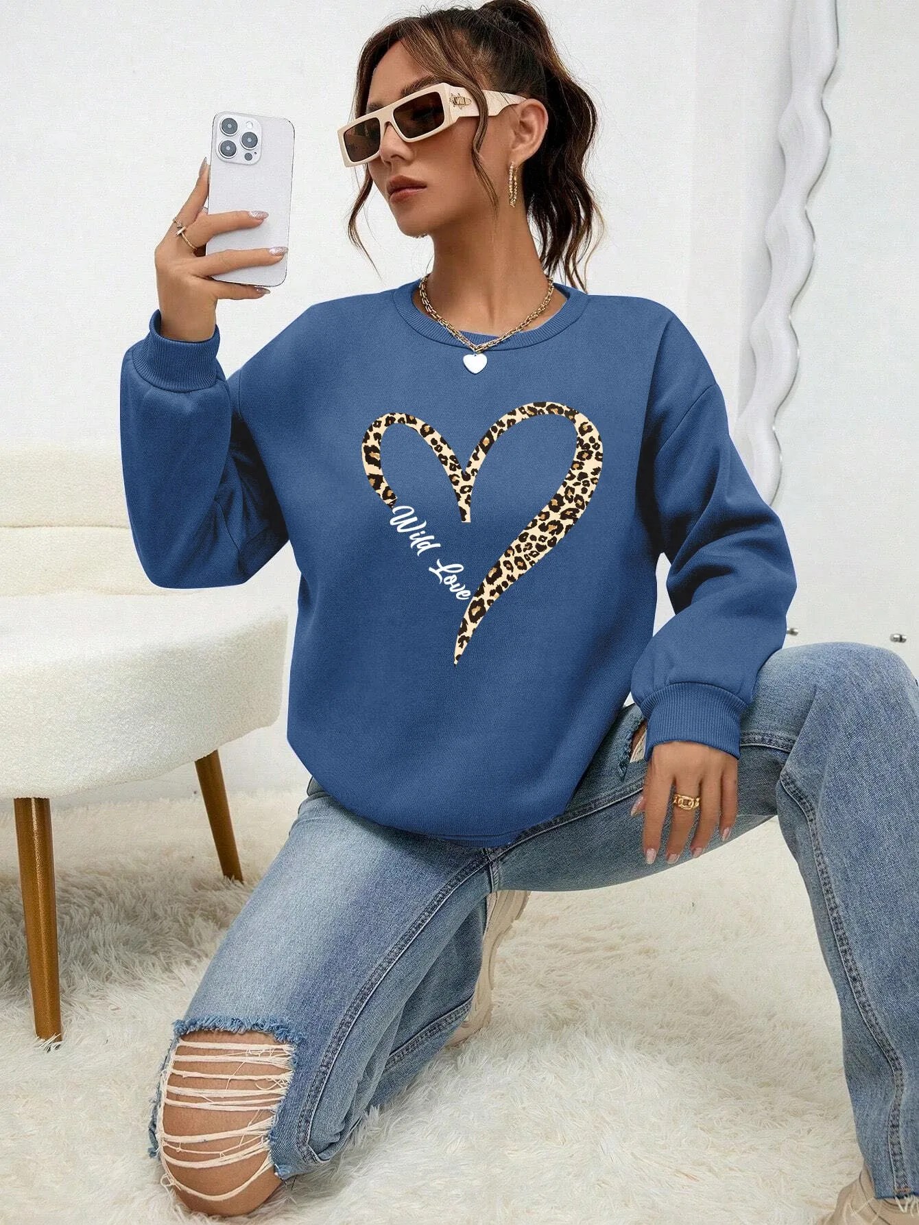 Leopard Wild Heart Pattern Print Bluza damska Street Fur-Liner Pullovers Hipster Odzież Dres Crewneck All-Match — zdjęcie 2