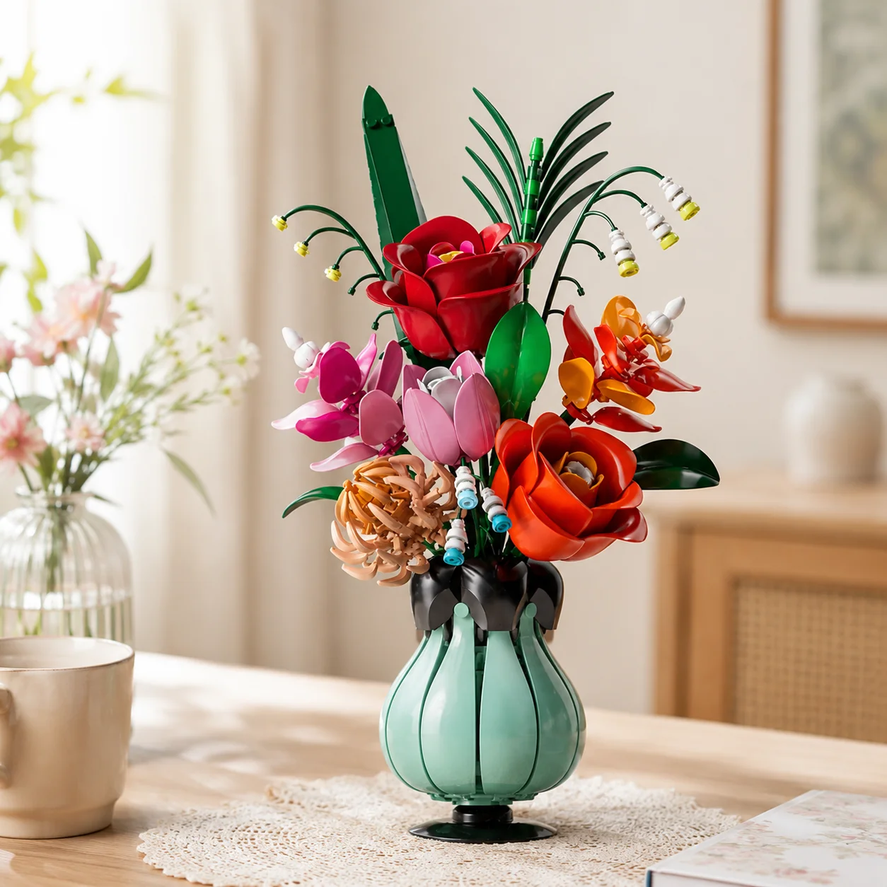 

566pcs Rose Bouquet Building Blocks with European Vase DIY Artificial Flower Bricks, Mother's Day Gift Decor Valentine Day Gift
