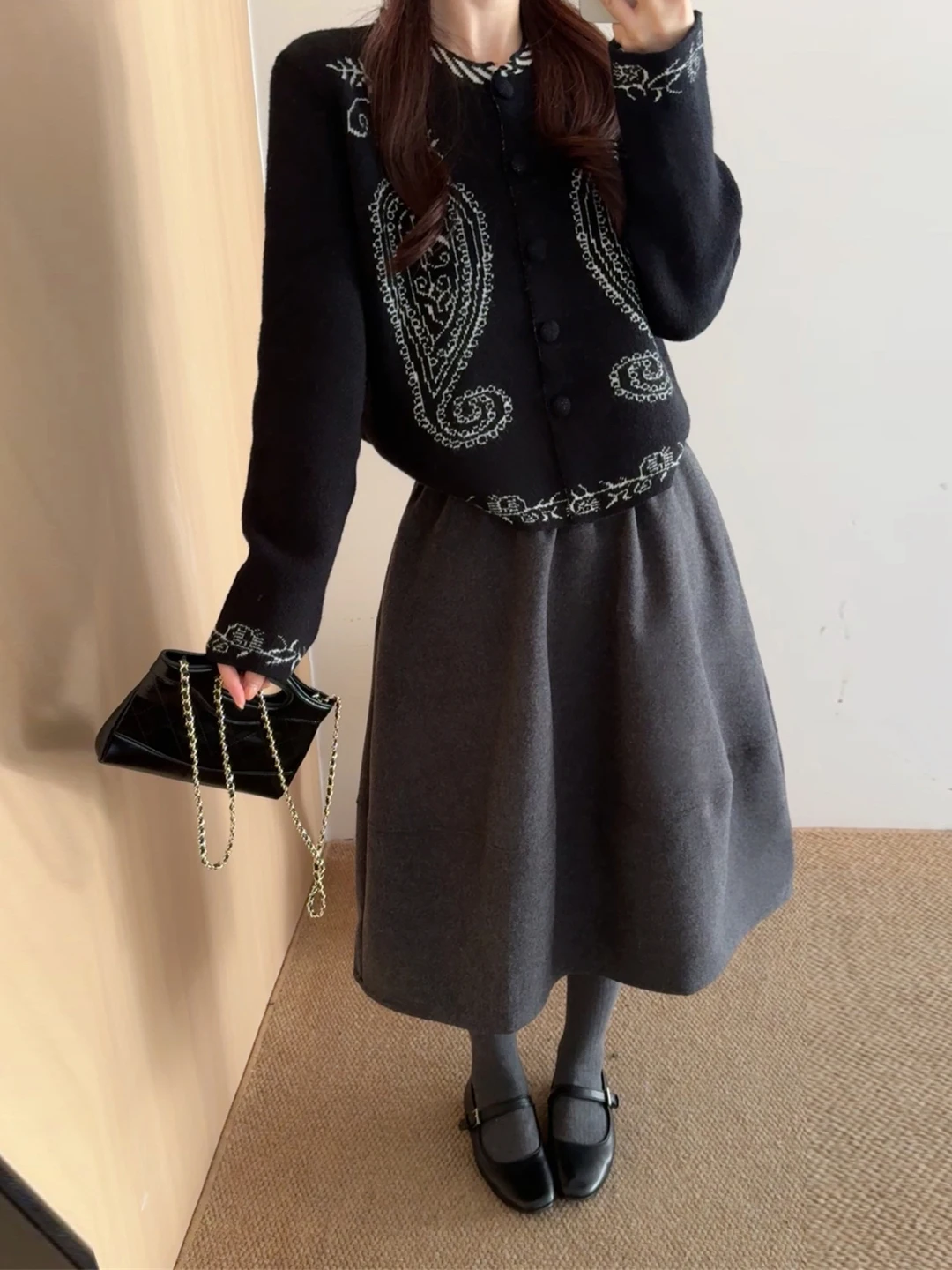 

Deep ey Flud Skirt Women's Retro Japanese Sle High Waist A-Line Thi Warm Woolen Autumn Winter f-length Skirt