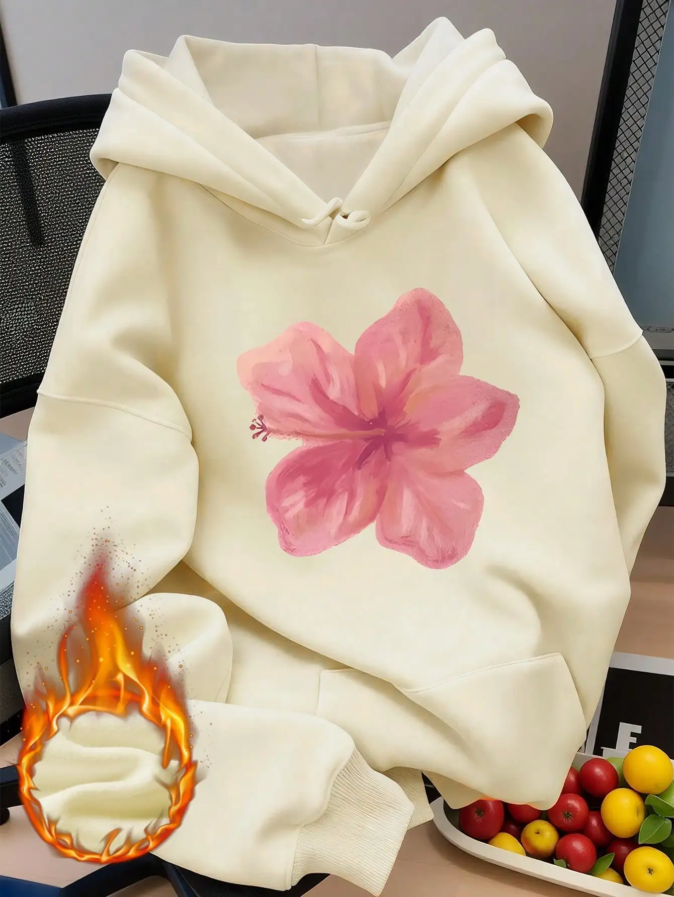 

Кремовая толстовка с цветочным принтом и капюшоном, свободного кроя, зимний топ с карманом