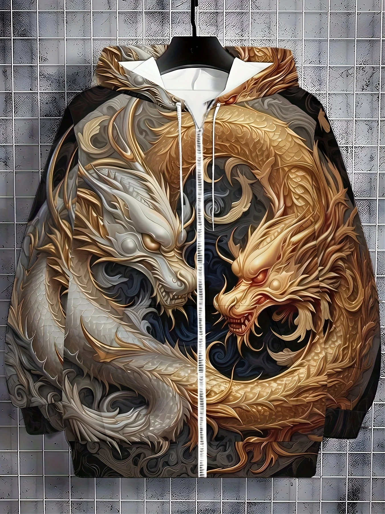 Moletom masculino com zíper de manga comprida com estampa de dragão dourado e nuvem branca, jaqueta casual outono inverno ao ar livre, cordão e bolso