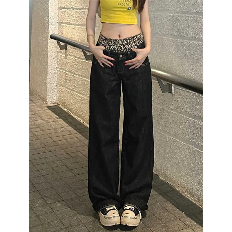 High Waist Leopard Pattern Splicing Women Jeans Hip-hop Style Fashion Vintage Streetwear Y2K Wide Leg Trouser Baggy Denim Pants