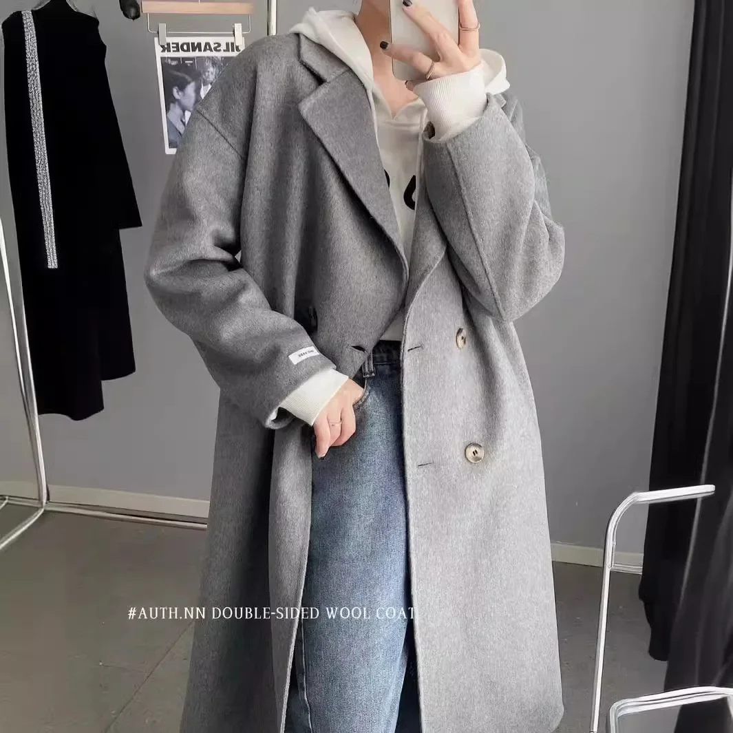 Anti-season wool double-sided woolen new coat cashmere coat medium and long women's Korean version Hepburn style shoulder