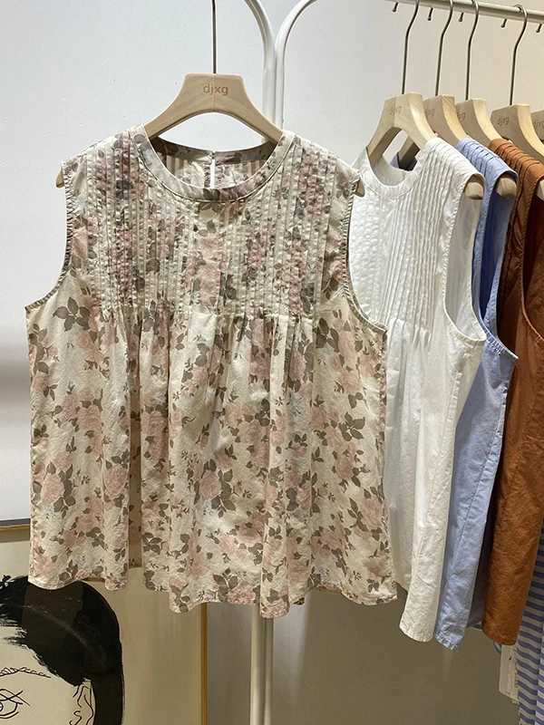 

Accordion Pleat Anti-Aging Print Splicing Sleeveless Vest Large Size Women's Clothing Belly Concealing round Neck Floral Doll...