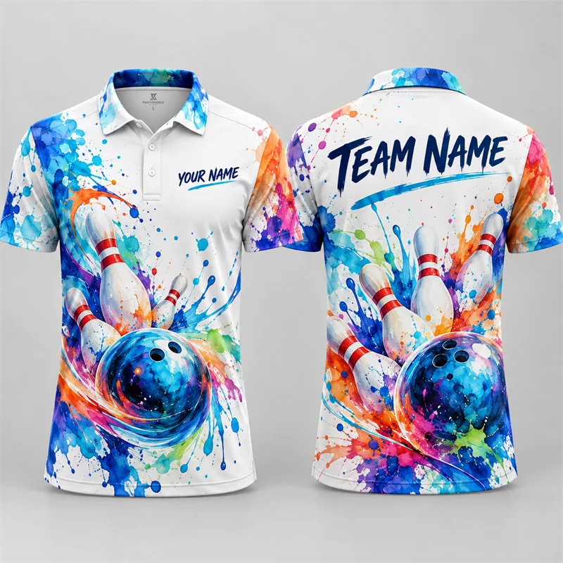 Custom Bowling Polo Shirt Personalized Name Team Name Colorful Graphic Short Sleeve Jersey League Tournament Sports Team Uniform