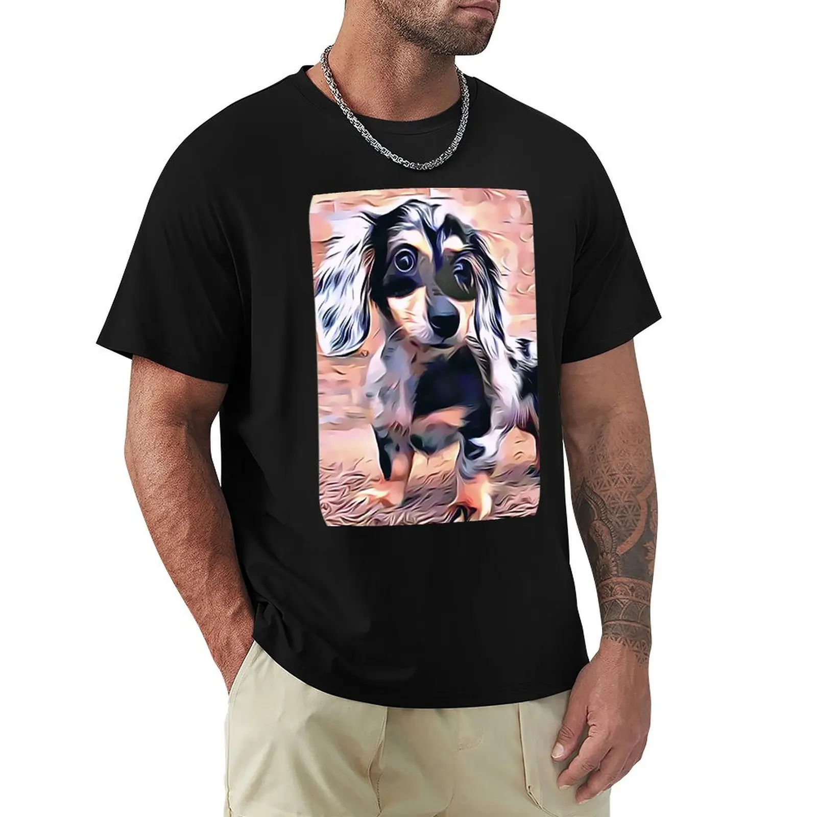 Long Haired Dachshund T-Shirt Art Pattern Printed Casual Top