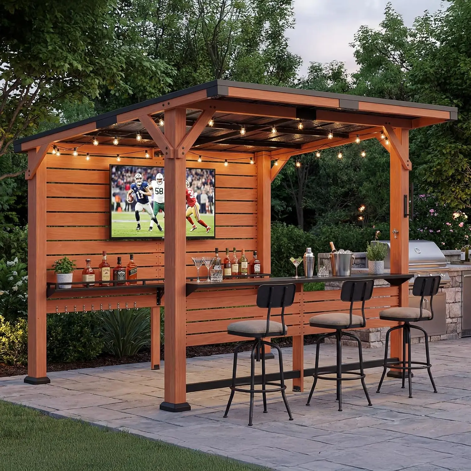 10x8 FT Outdoor Bar Gazebo with Entertainment Center, Warm Cedar, Customized